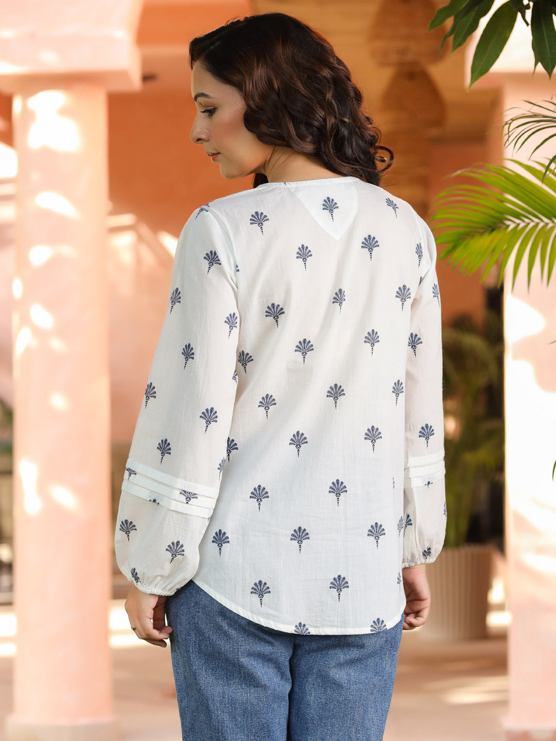 Women Floral Embroidered Round Neck Puff Sleeves Cotton Top