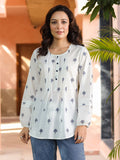 Women Floral Embroidered Round Neck Puff Sleeves Cotton Top