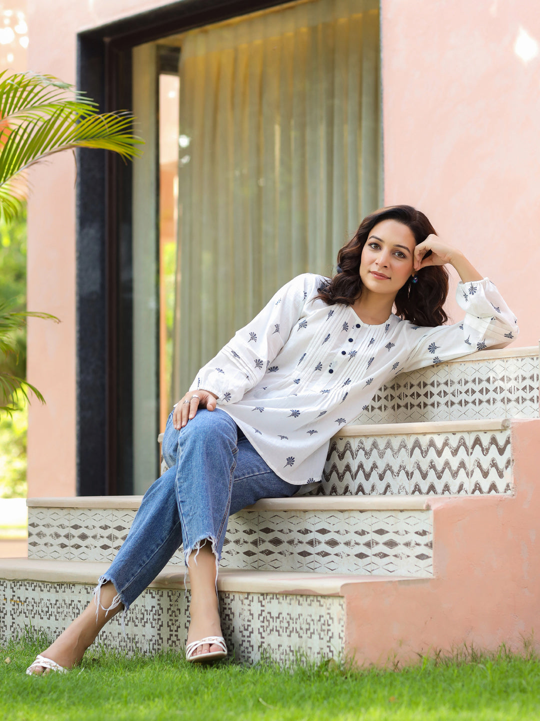 Women Floral Embroidered Round Neck Puff Sleeves Cotton Top