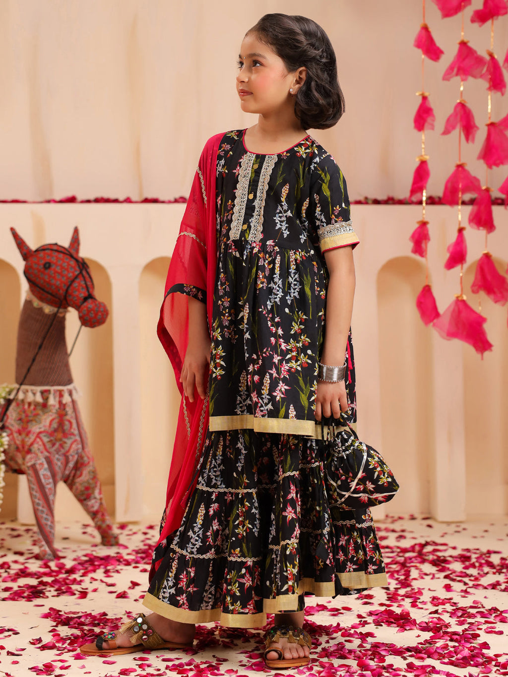Girls Ethnic Motifs Printed Regular Pure Cotton Kurta with Sharara & With Dupatta