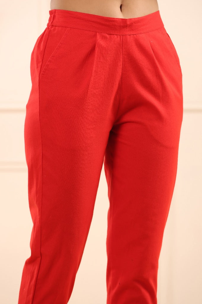 Stylish Red Cotton Pleated Cigarette Trousers