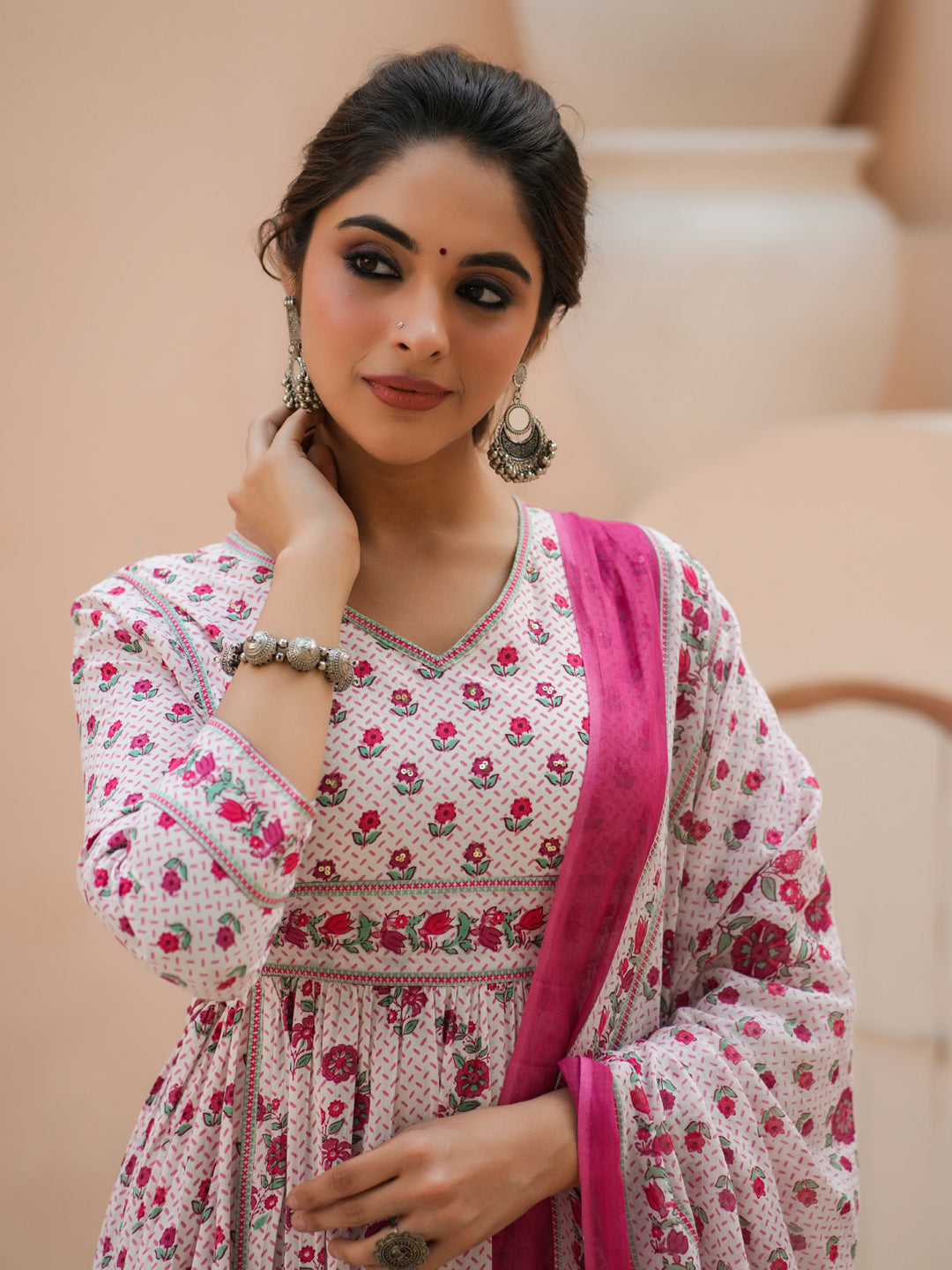 Women Pink Floral Printed Pure Cotton A-line Kurta With Solid Trouser And With Printed Dupatta
