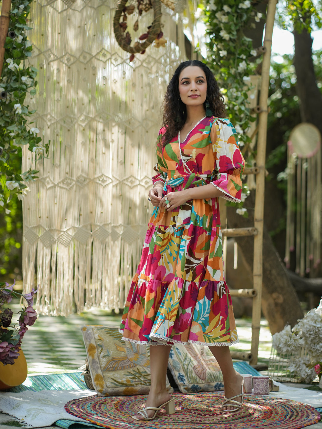 Women Multi Printed Pure Cotton Floral Puff Sleeves Dress
