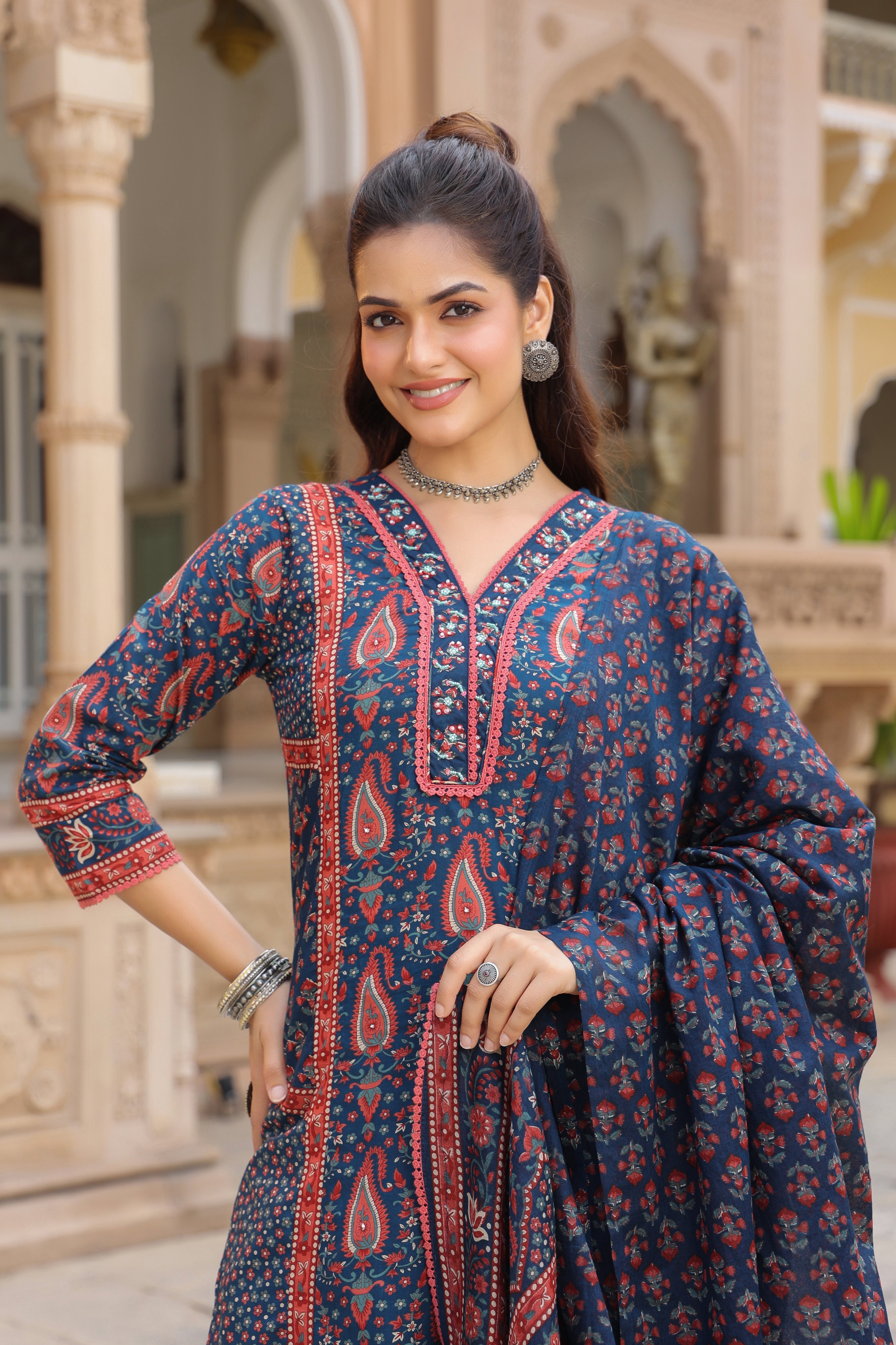 Women Ethnic Motifs Printed Pleated Pure Cotton Kurta with Trousers & With Dupatta