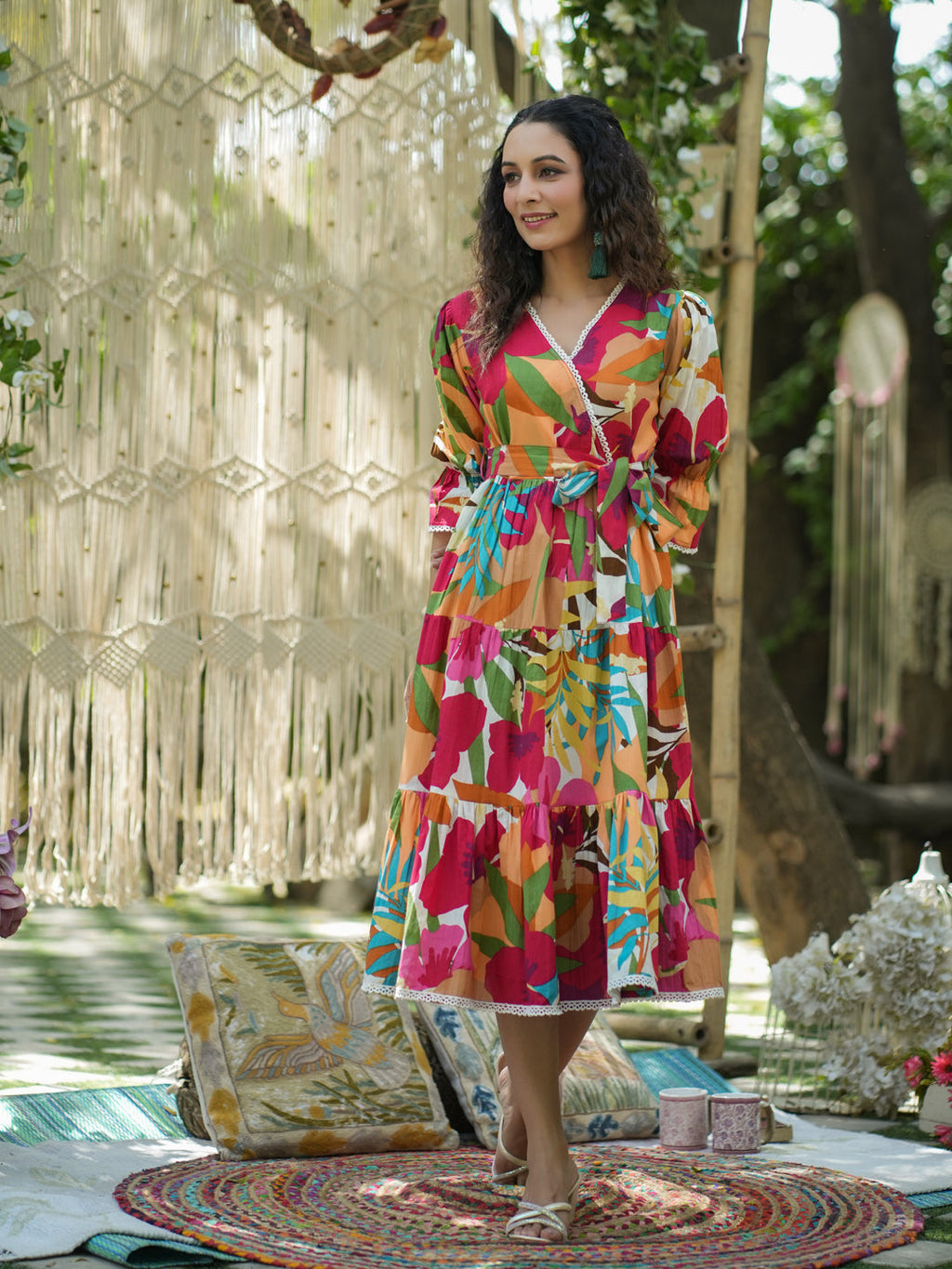 Women Multi Printed Pure Cotton Floral Puff Sleeves Dress