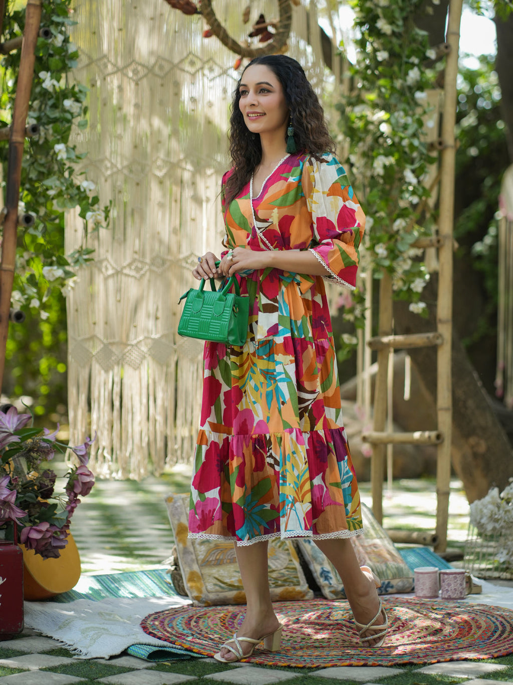 Women Multi Printed Pure Cotton Floral Puff Sleeves Dress