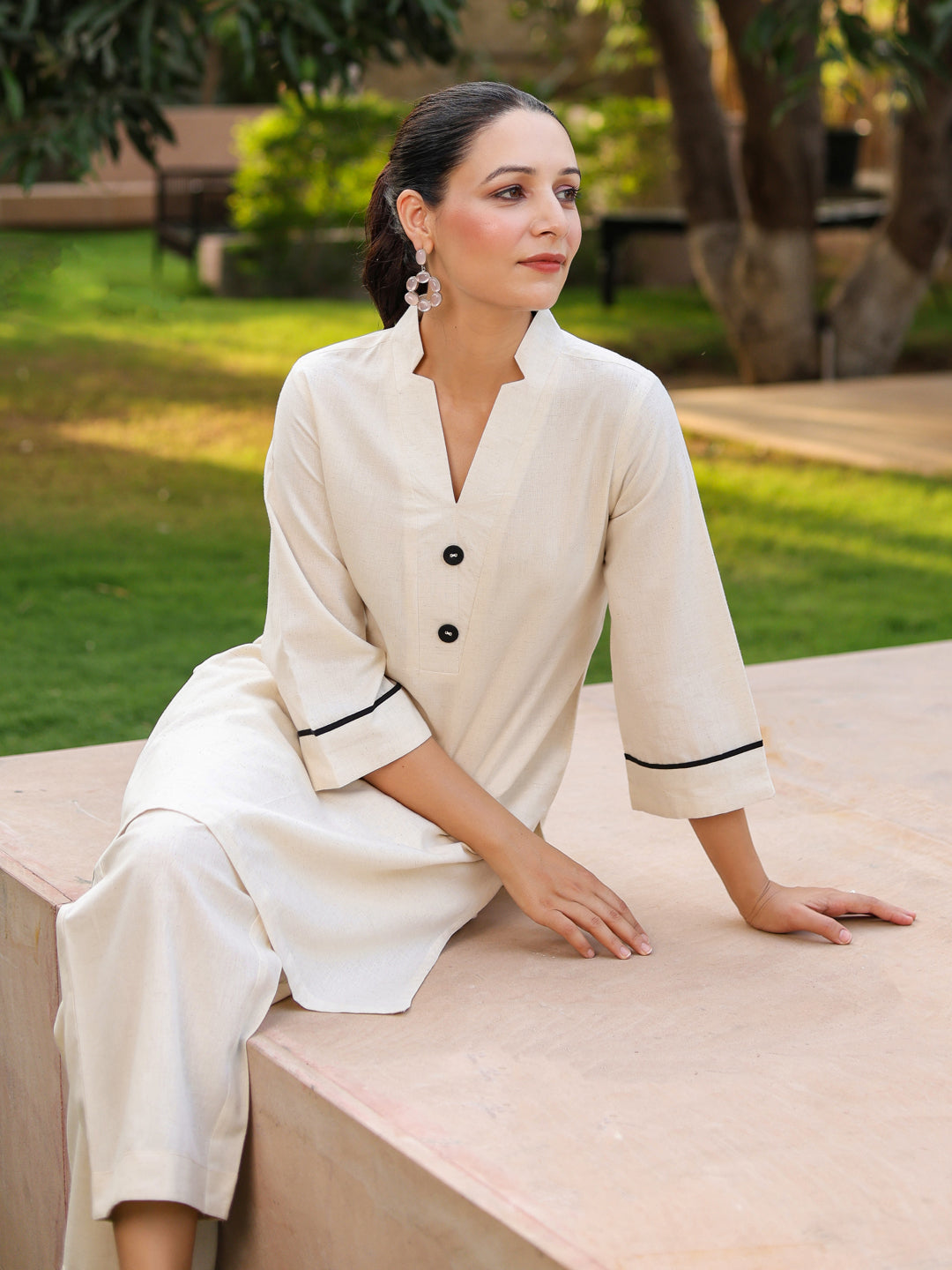 V-Neck Pure Cotton Tunic With Trousers Co-Ords