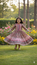 Girls Ethnic Motif Printed Round Neck Fit & Flare Tiered Maxi Ethnic Dress