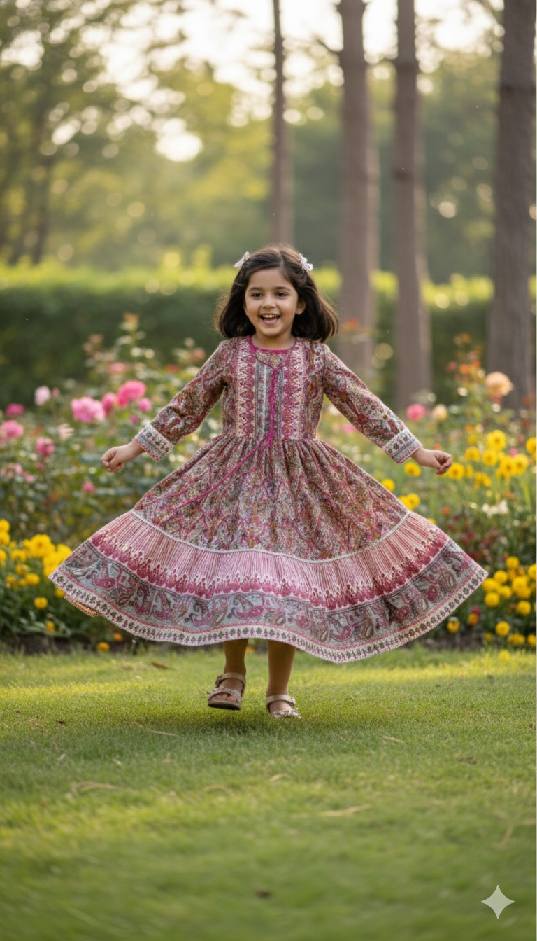 Girls Ethnic Motif Printed Round Neck Fit & Flare Tiered Maxi Ethnic Dress