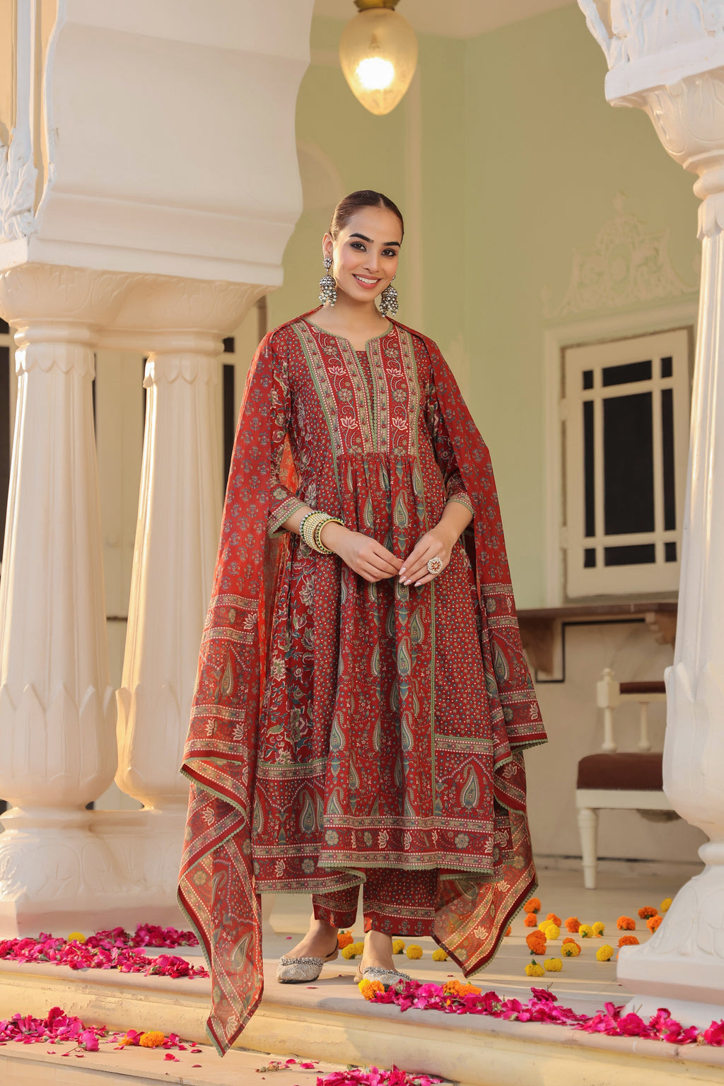 Women Ethnic Motifs Printed Pleated Pure Cotton Kurta with Trousers & With Dupatta
