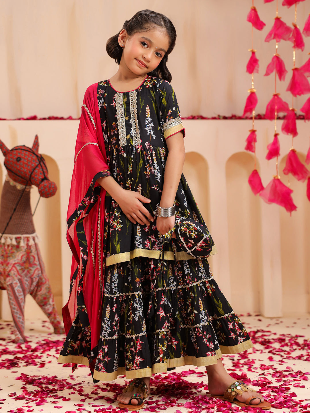 Girls Ethnic Motifs Printed Regular Pure Cotton Kurta with Sharara & With Dupatta