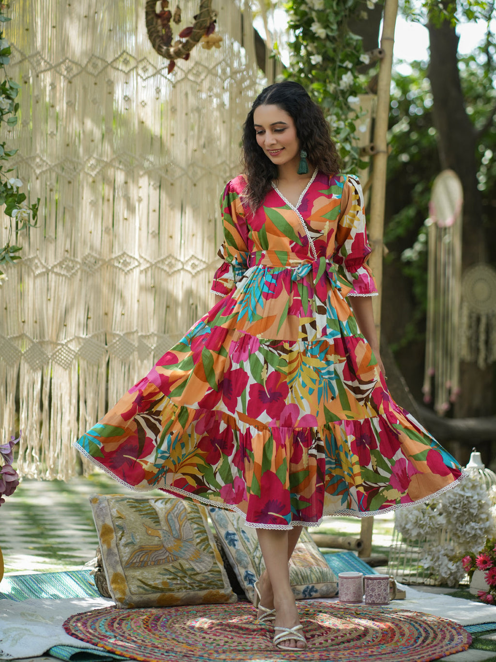 Women Multi Printed Pure Cotton Floral Puff Sleeves Dress