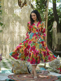 Women Multi Printed Pure Cotton Floral Puff Sleeves Dress