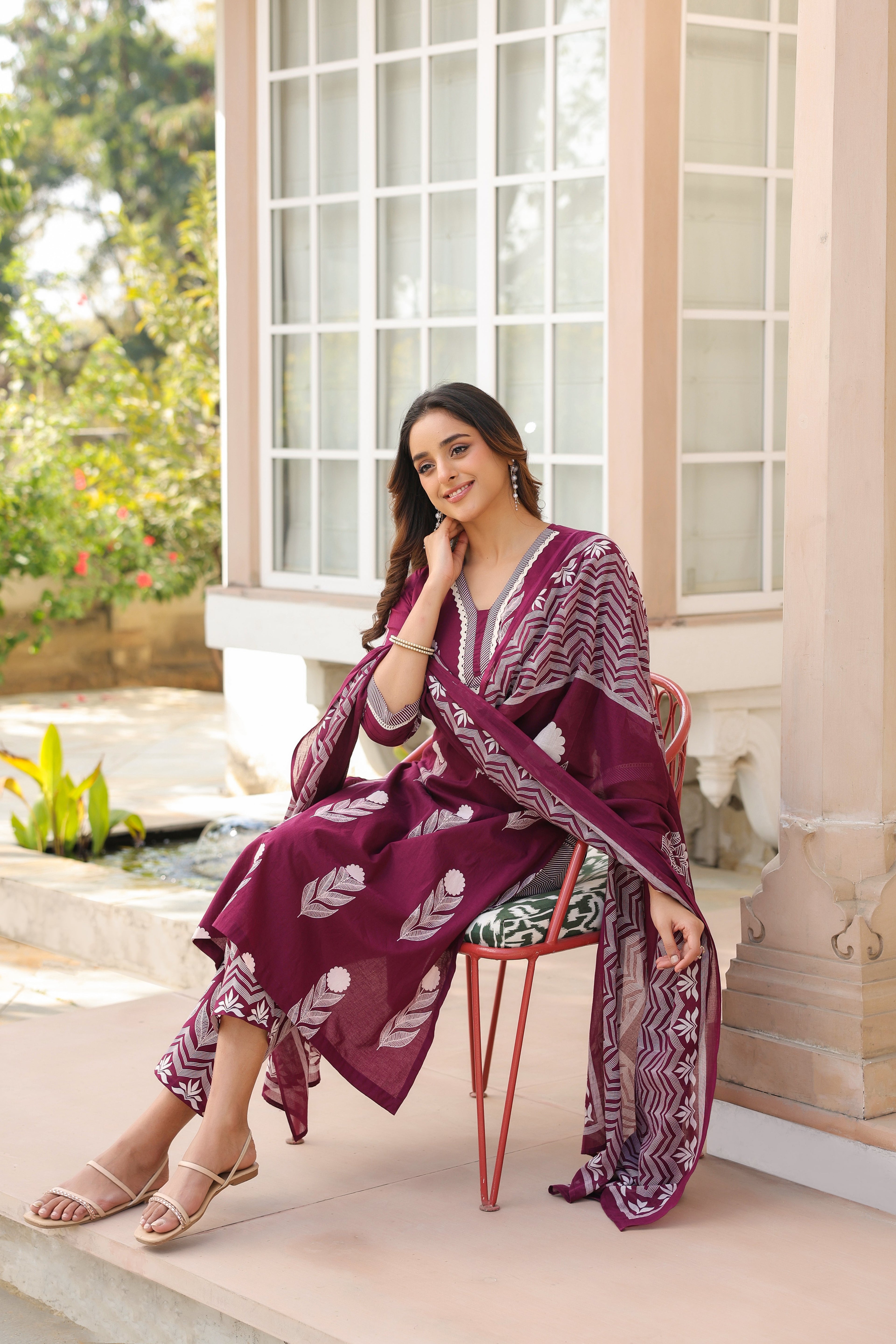 Ethnic Motifs Printed Pure Cotton Kurta with Trousers & With Dupatta