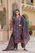 Women Ethnic Motifs Printed Pleated Pure Cotton Kurta with Trousers & With Dupatta