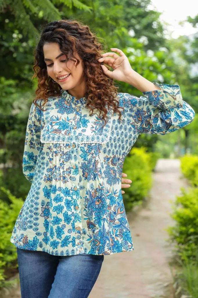 Women Blue Floral Ruffle Sleeve Top