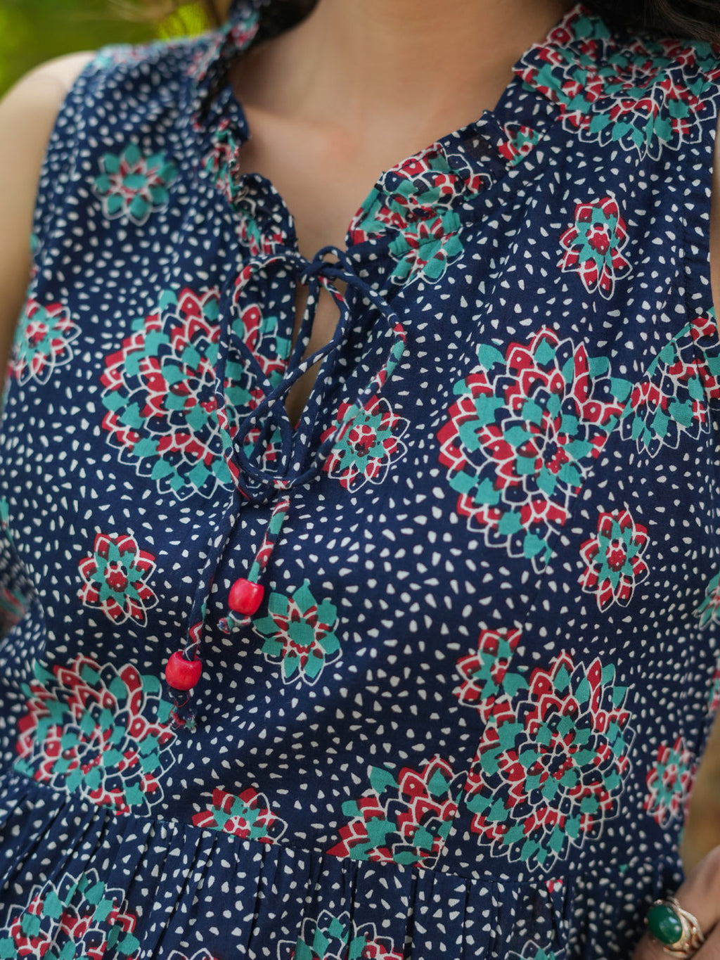 Floral Printed Tie Up Neck Pure Cotton Fit & Flared Midi Dress