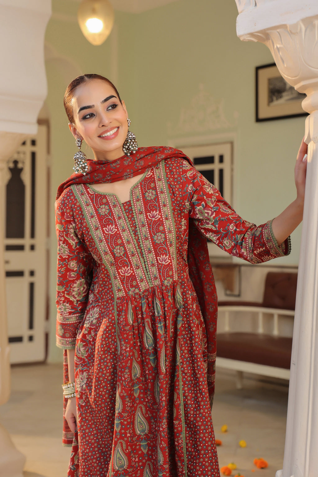 Women Ethnic Motifs Printed Pleated Pure Cotton Kurta with Trousers & With Dupatta