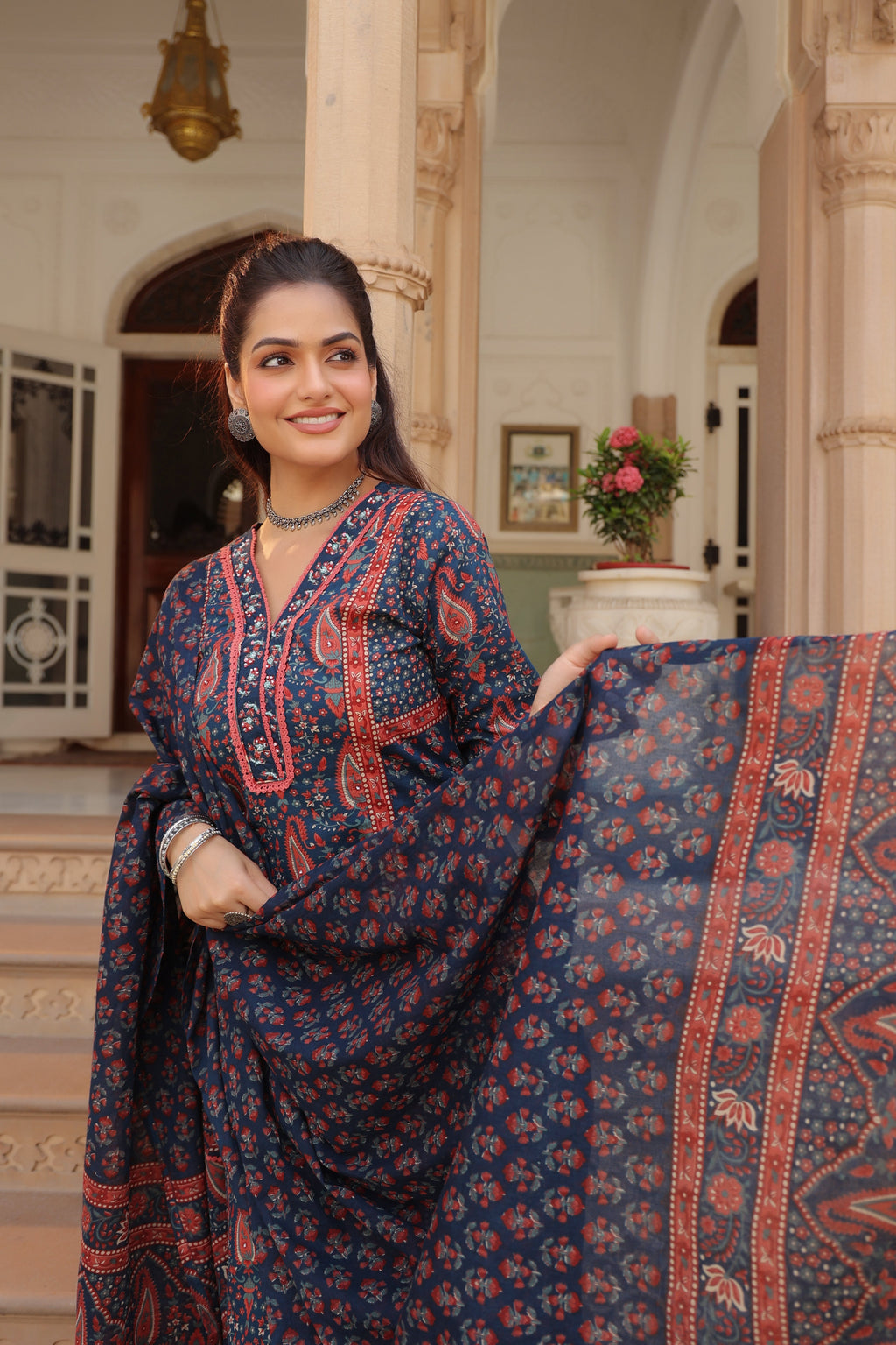 Women Ethnic Motifs Printed Pleated Pure Cotton Kurta with Trousers & With Dupatta