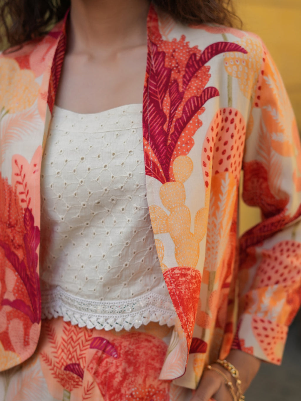 Women Pastel Tropical Printed Trouser And Jacket With Pure Cotton Chiffly Crop Top