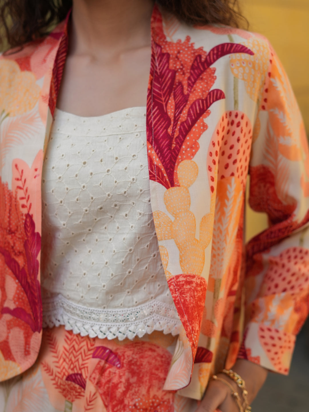 Women Pastel Tropical Printed Trouser And Jacket With Pure Cotton Chiffly Crop Top