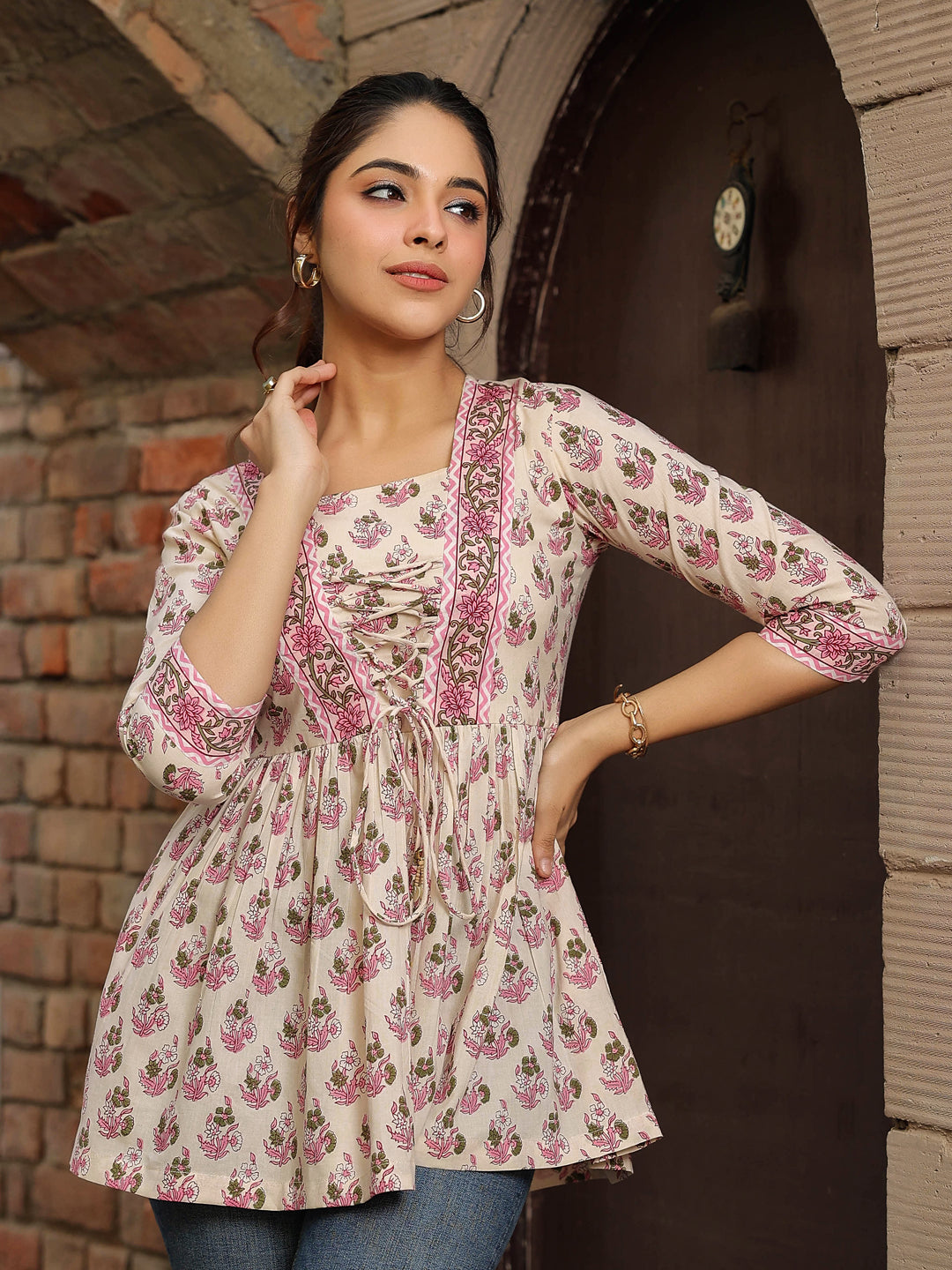 Women Beige Floral Printed Pure Cotton Empire Tops