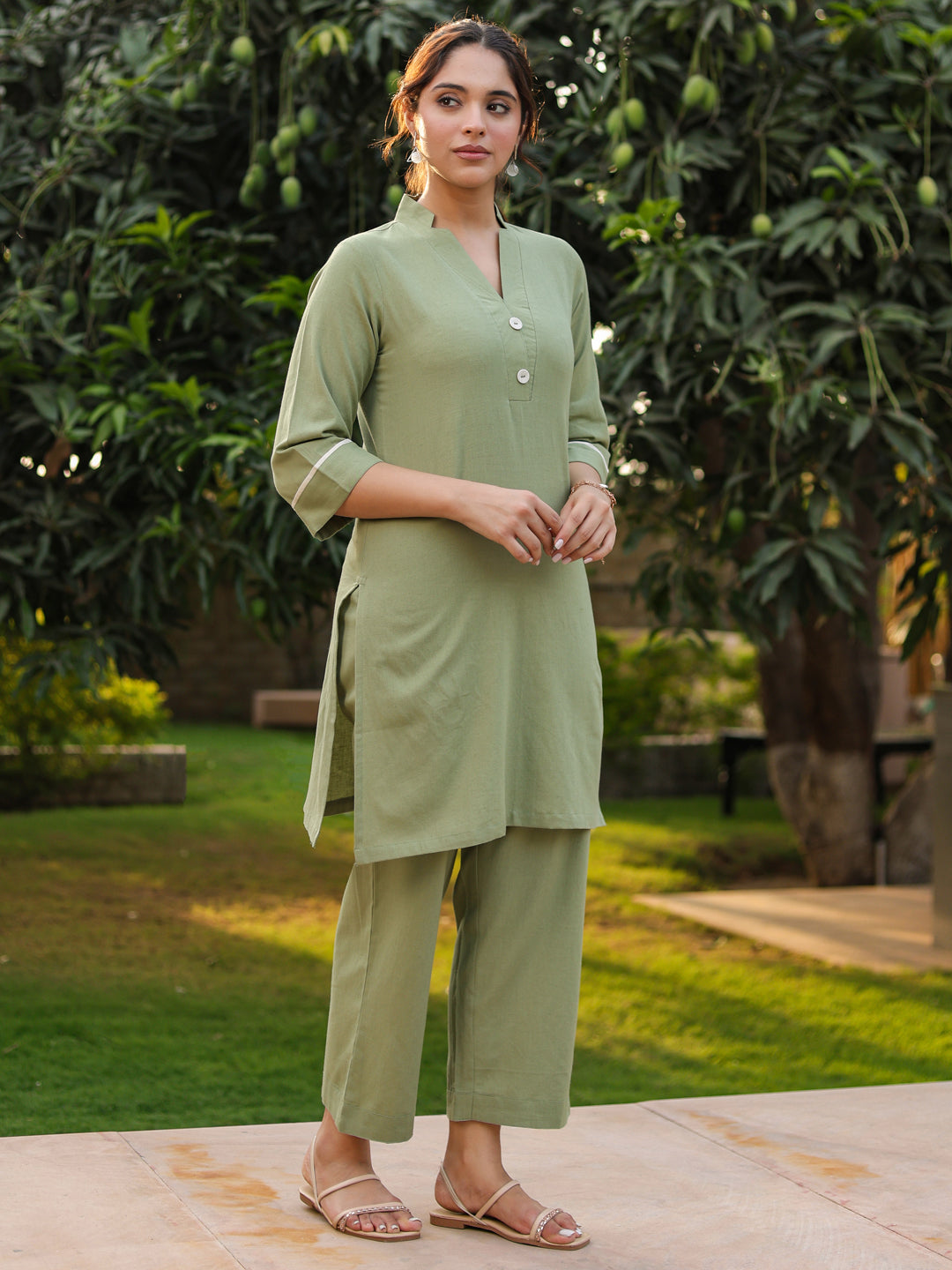 V-Neck Pure Cotton Tunic With Trousers Co-Ords
