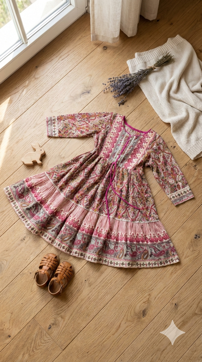 Girls Ethnic Motif Printed Round Neck Fit & Flare Tiered Maxi Ethnic Dress