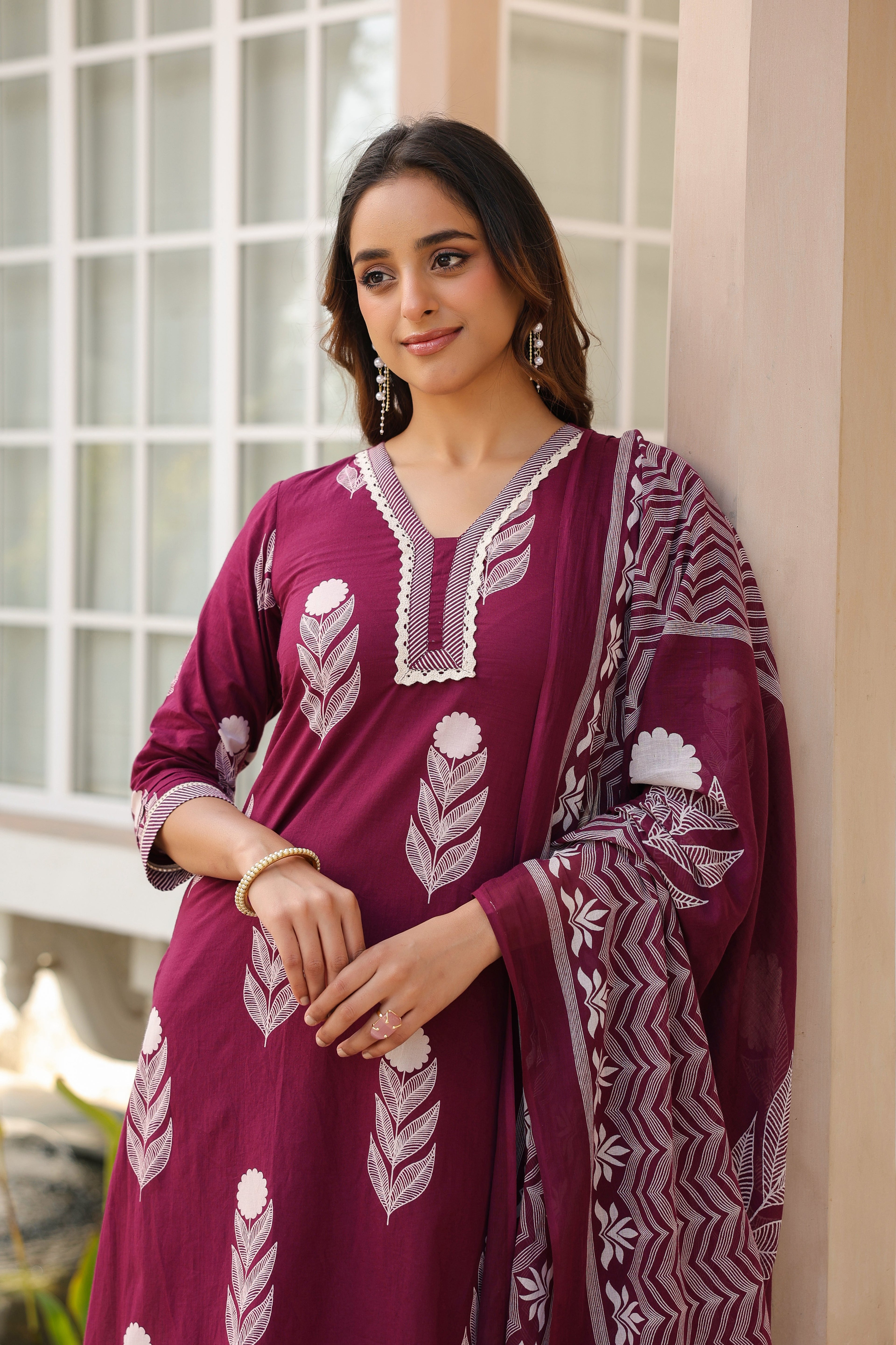 Ethnic Motifs Printed Pure Cotton Kurta with Trousers & With Dupatta