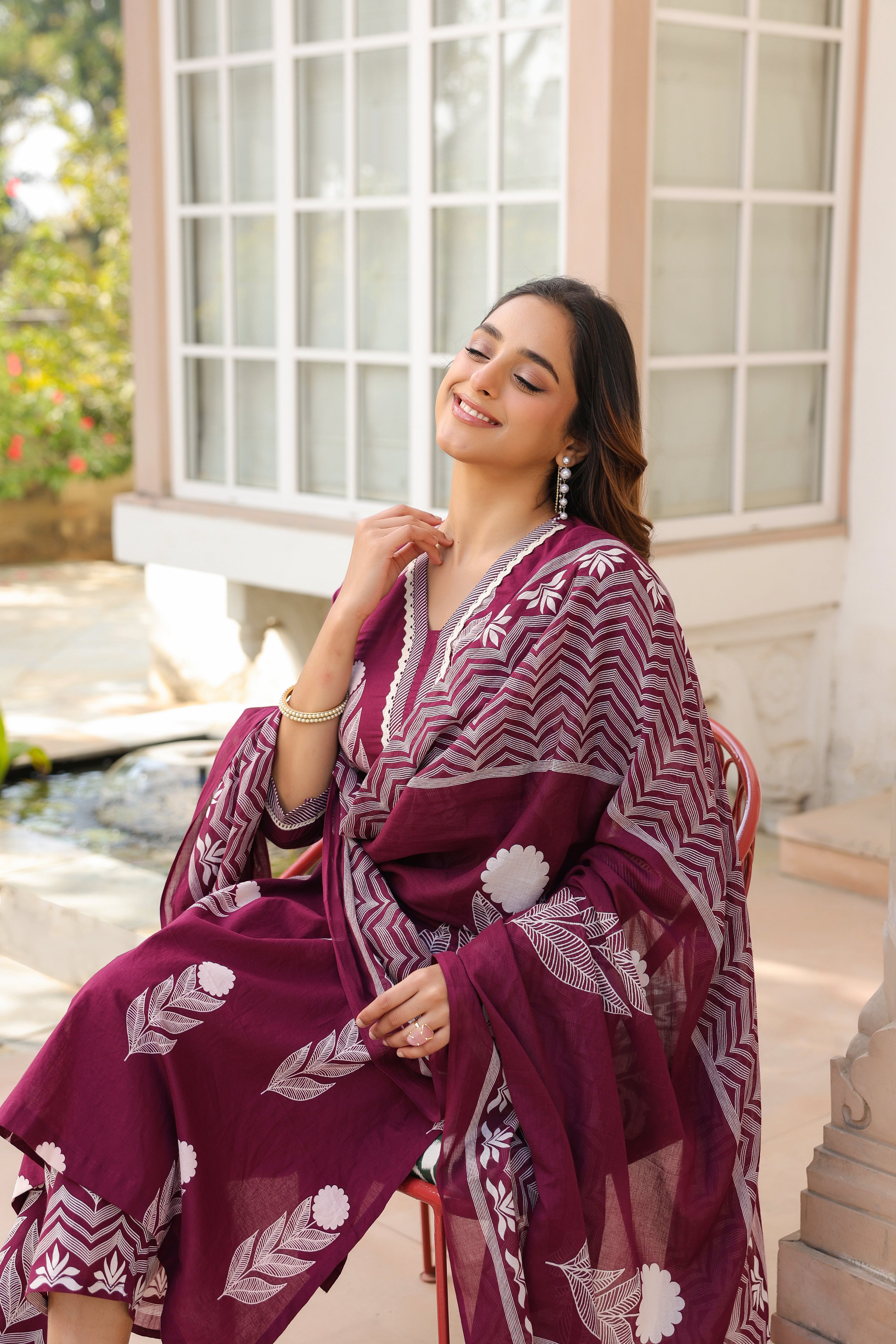Ethnic Motifs Printed Pure Cotton Kurta with Trousers & With Dupatta