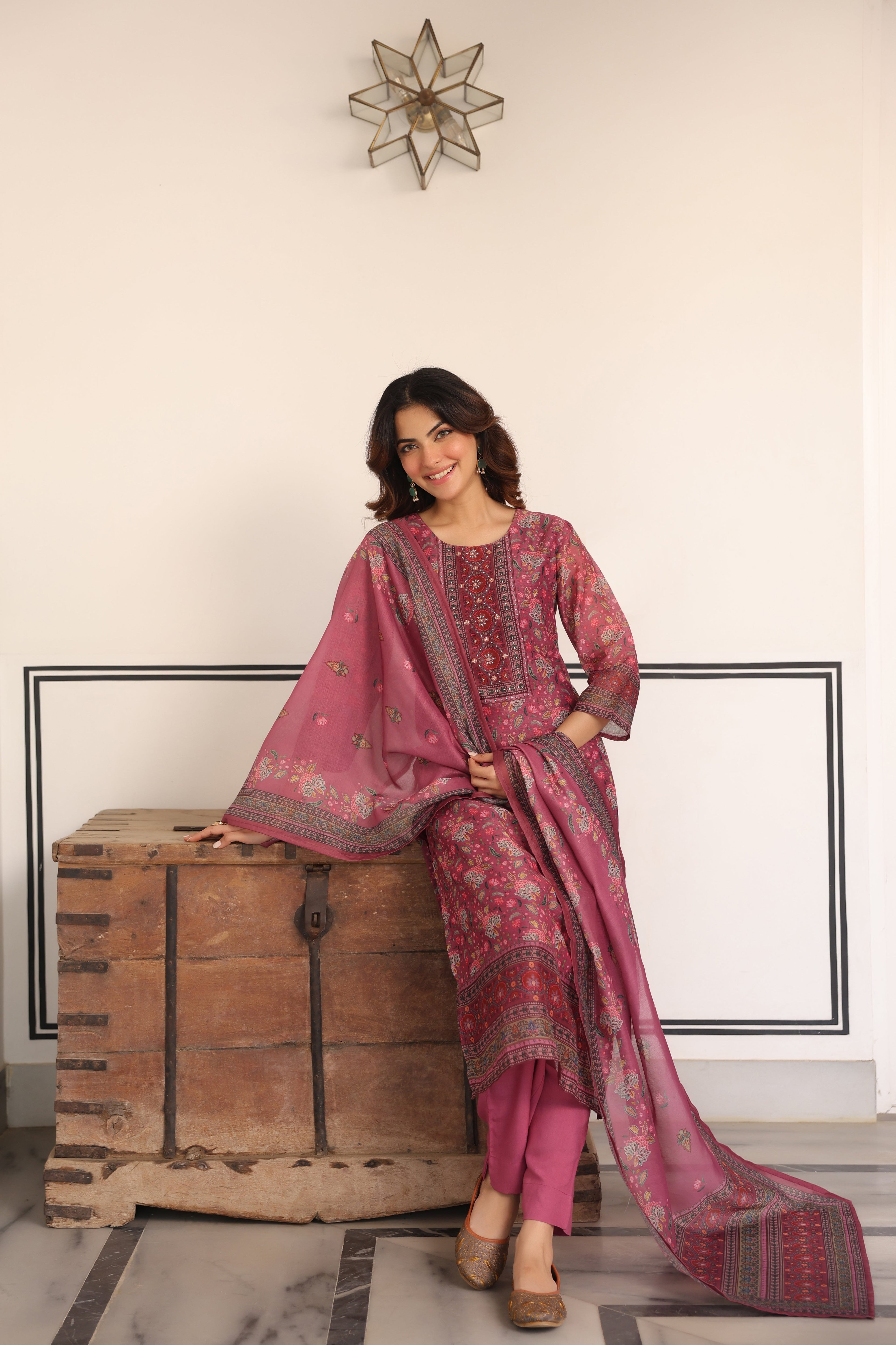 Women Ethnic Motifs Printed Regular Sequinned Chanderi Cotton Kurta with Trousers & With Dupatta