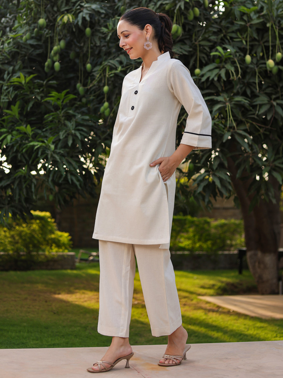 V-Neck Pure Cotton Tunic With Trousers Co-Ords