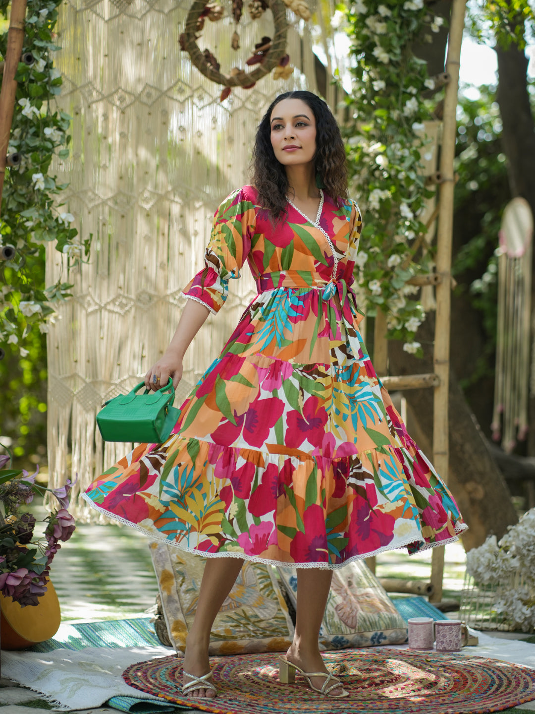 Women Multi Printed Pure Cotton Floral Puff Sleeves Dress