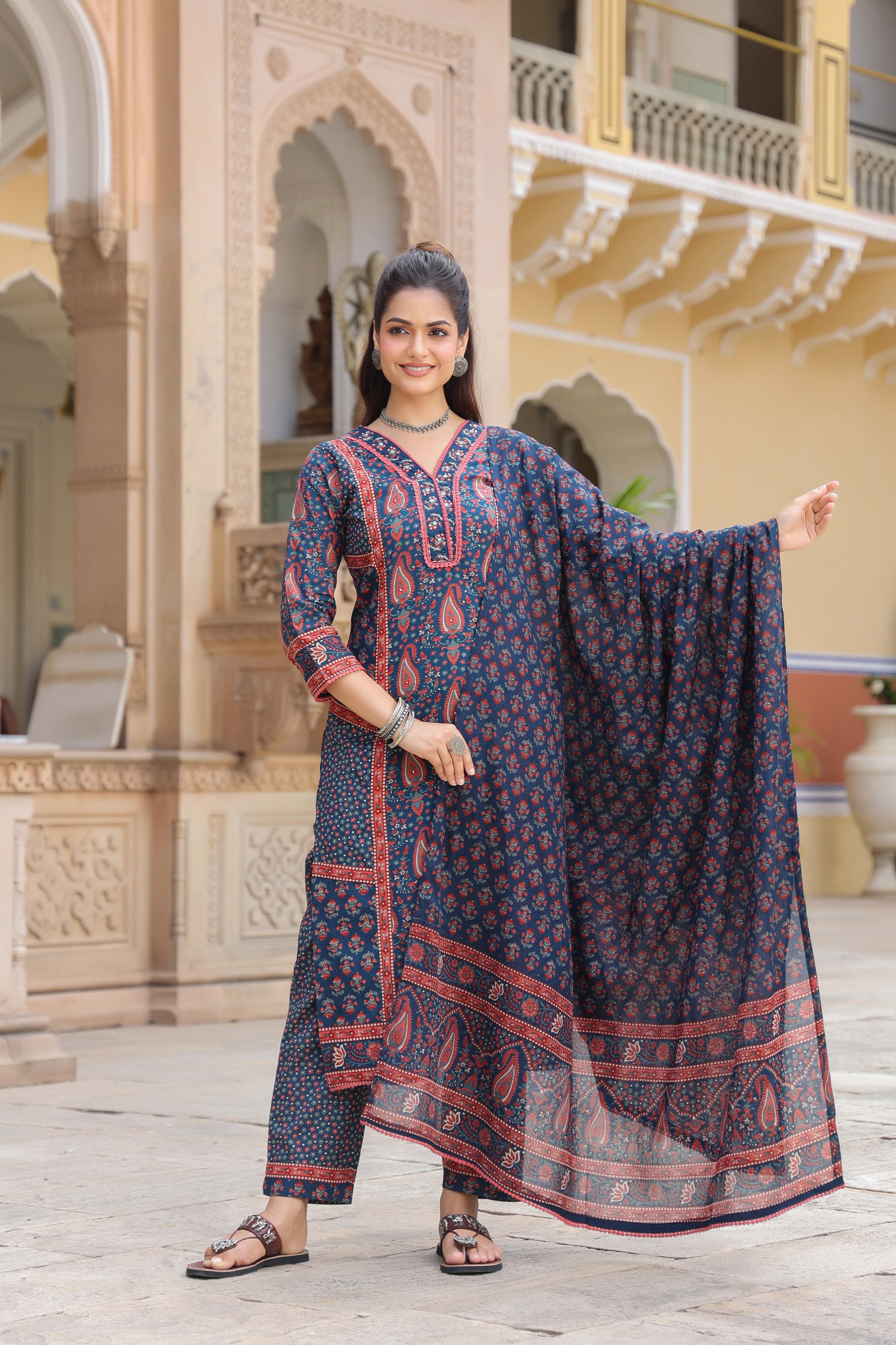 Women Ethnic Motifs Printed Pleated Pure Cotton Kurta with Trousers & With Dupatta