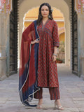 Women Maroon Ethnic Motifs Printed Empire Design Anarkali Kurta With Printed Trouser & Dupatta