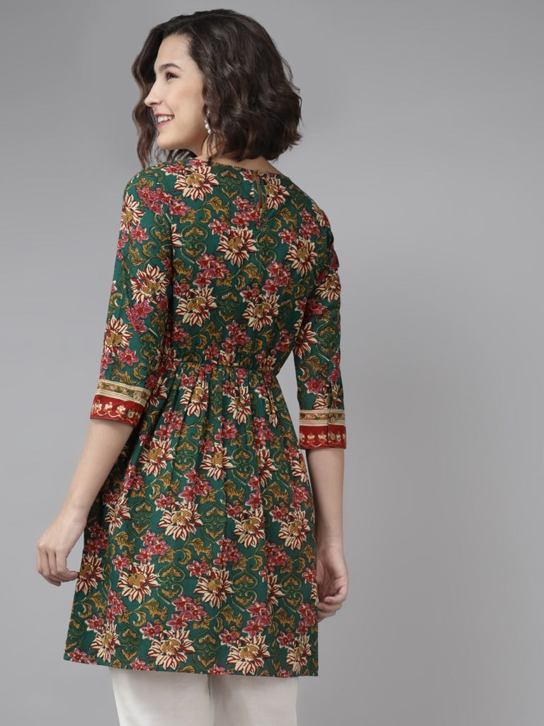 Women Green & Pink Floral Print Pleated Cotton Tunic