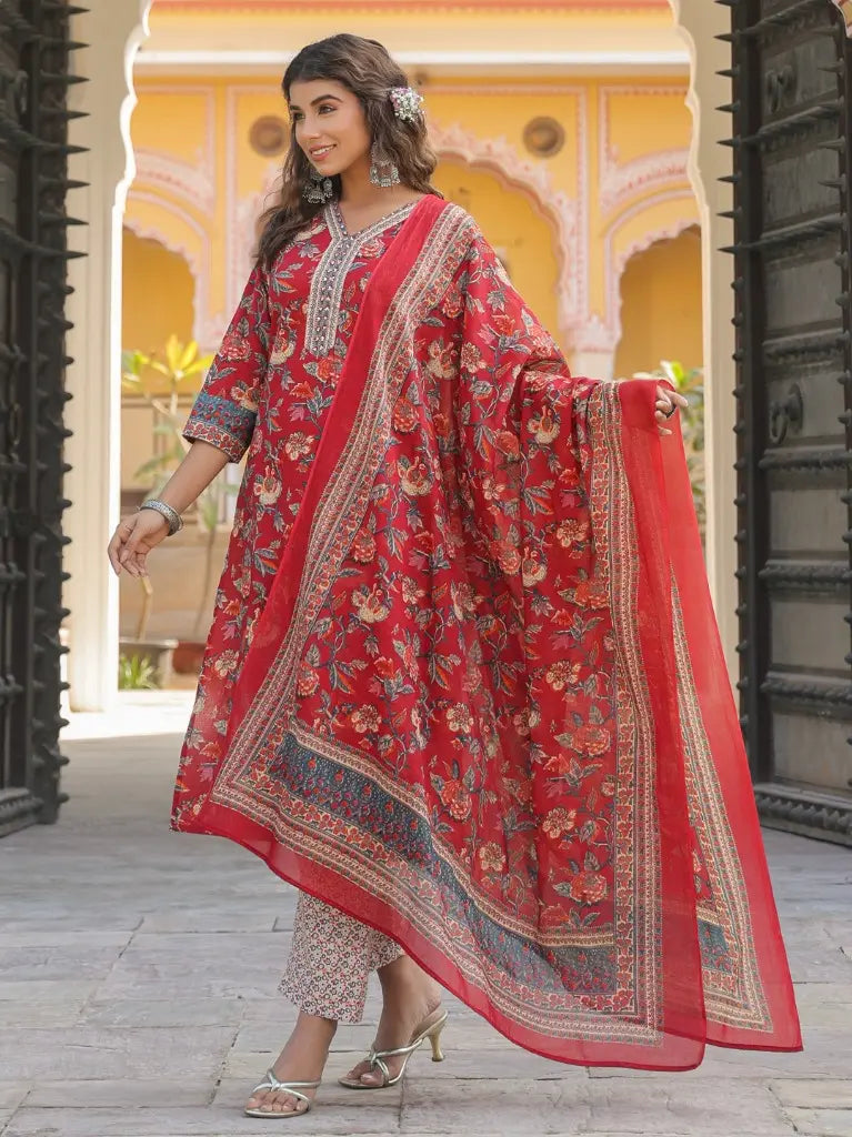 Women Red Floral Printed Pure Cotton Straight Kurta With Printed Dupatta & Printed Trouser