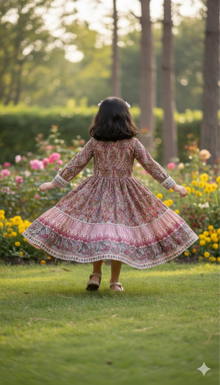Girls Ethnic Motif Printed Round Neck Fit & Flare Tiered Maxi Ethnic Dress