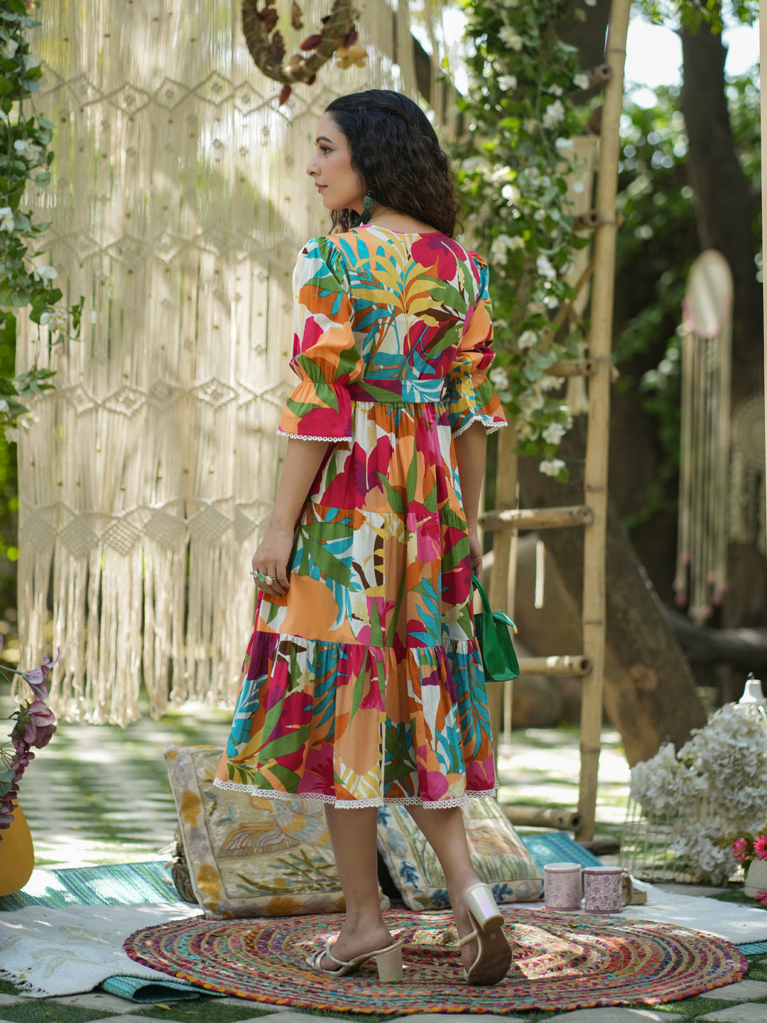 Women Multi Printed Pure Cotton Floral Puff Sleeves Dress