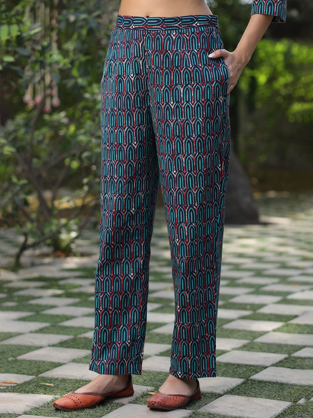 Women Navy Blue Ethnic Printed Cotton Embroidered Straight  Kurta With Printed Trousers and Printed Dupatta