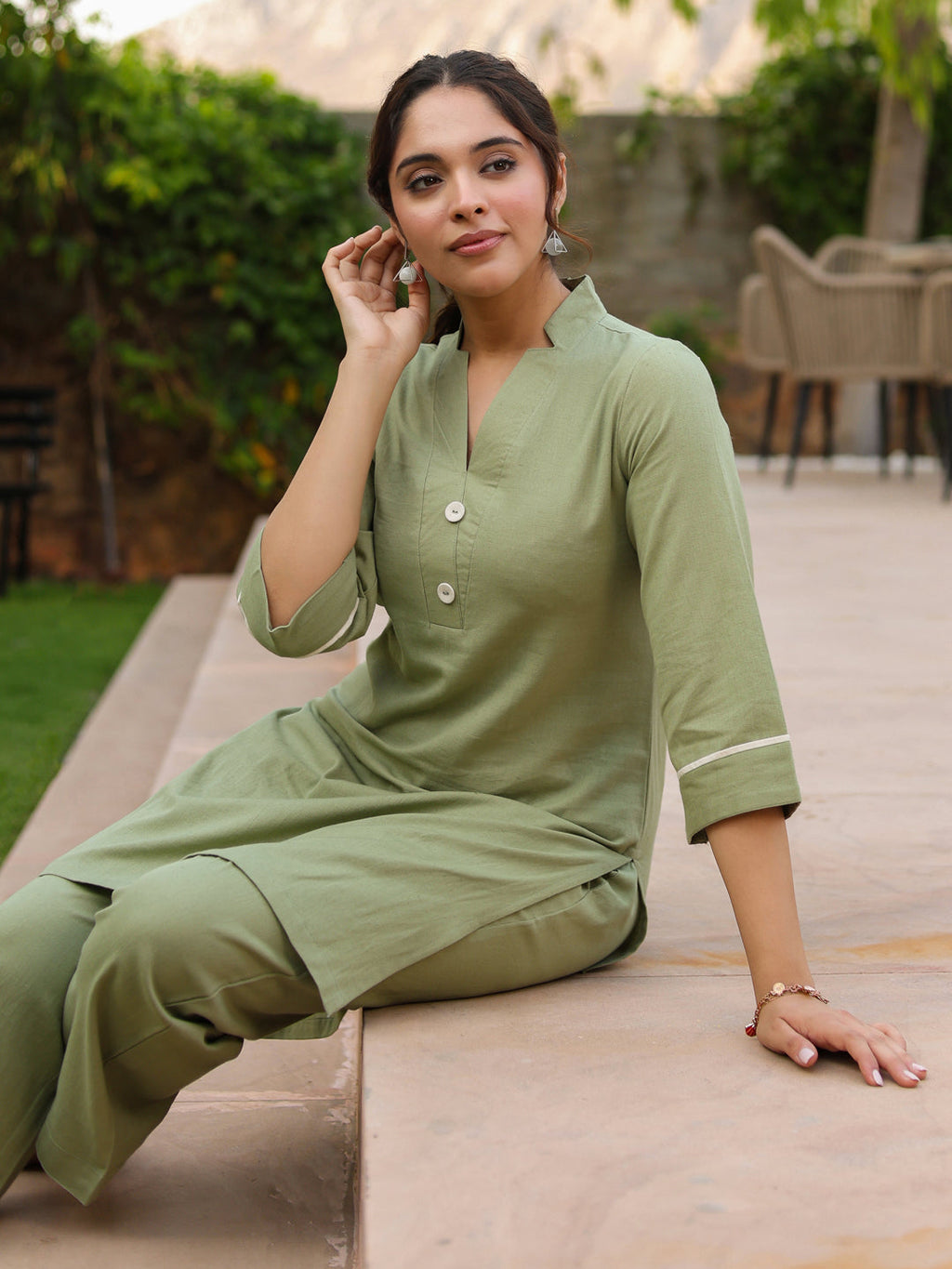 V-Neck Pure Cotton Tunic With Trousers Co-Ords