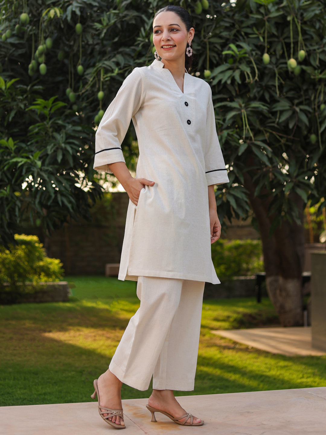 V-Neck Pure Cotton Tunic With Trousers Co-Ords