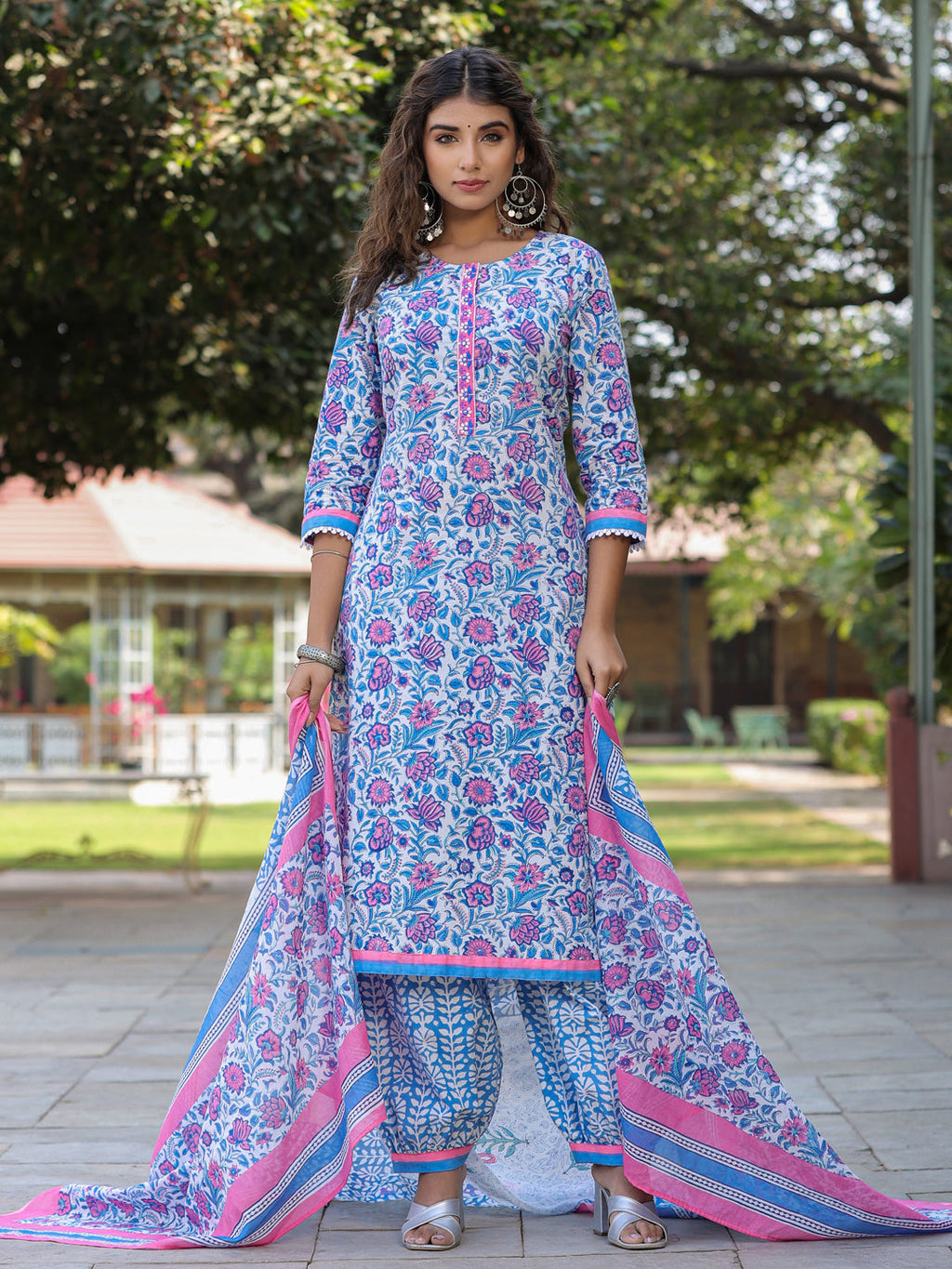 Women Blue Floral Printed Straight Kurta With Afghani Salwar and Printed Dupatta