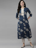 Women Blue Floral Printed Pure Cotton Straight Kurta