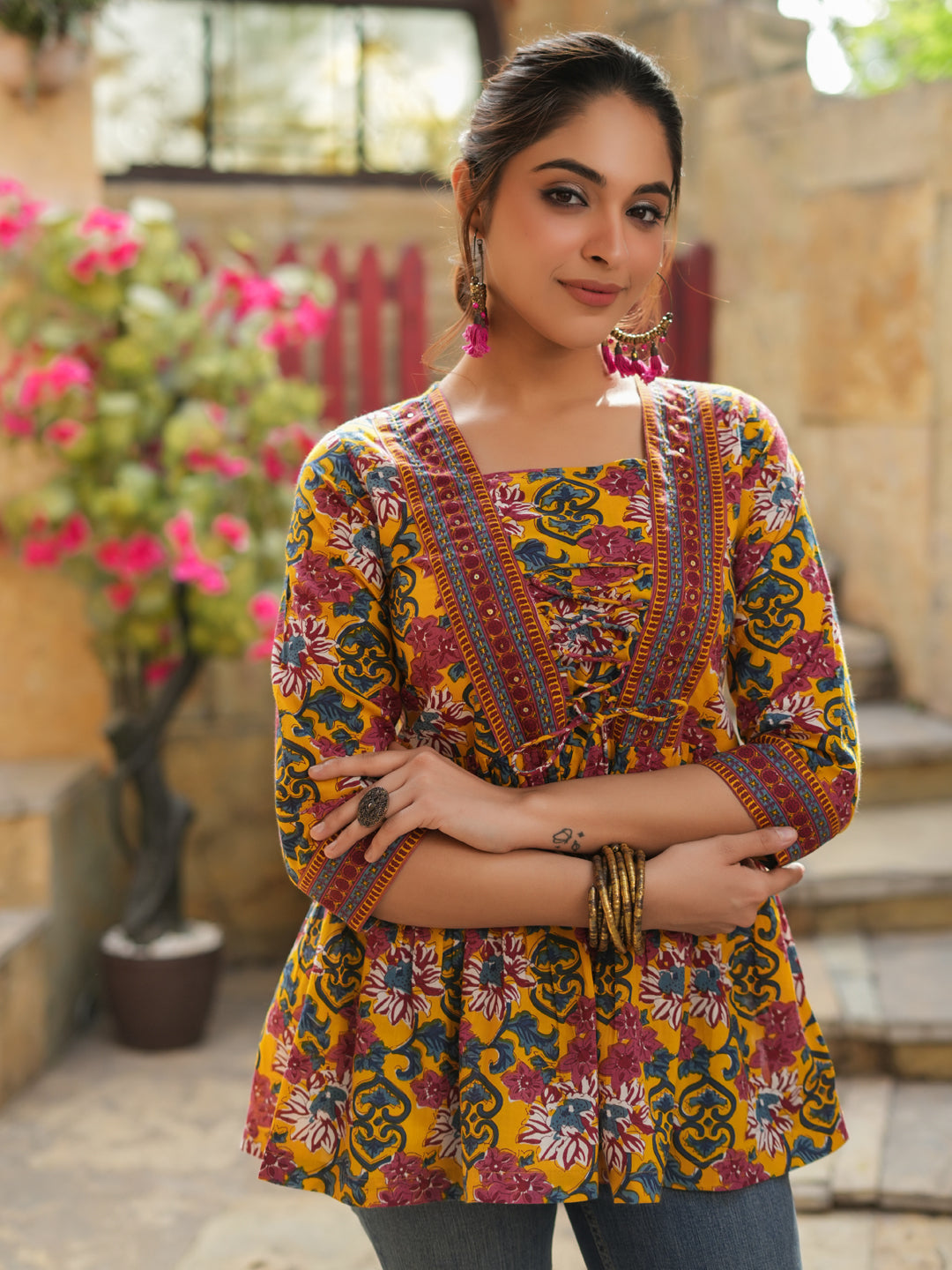 Women Mustard Floral Printed Pure Cotton Empire Tops