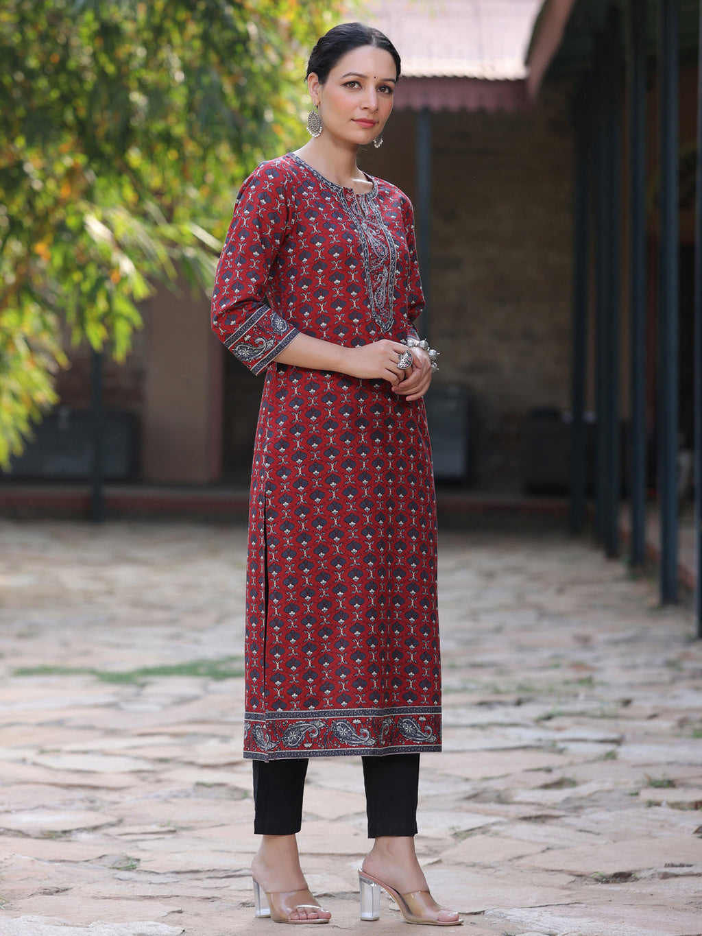 Women Maroon Ethnic Motifs Printed Pure Cotton Straight Kurta