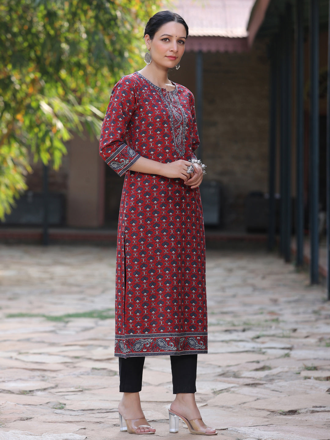 Women Maroon Ethnic Motifs Printed Pure Cotton Straight Kurta