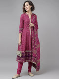 Women Magenta & Beige Printed Pure Cotton Kurta with Churidar & Dupatta