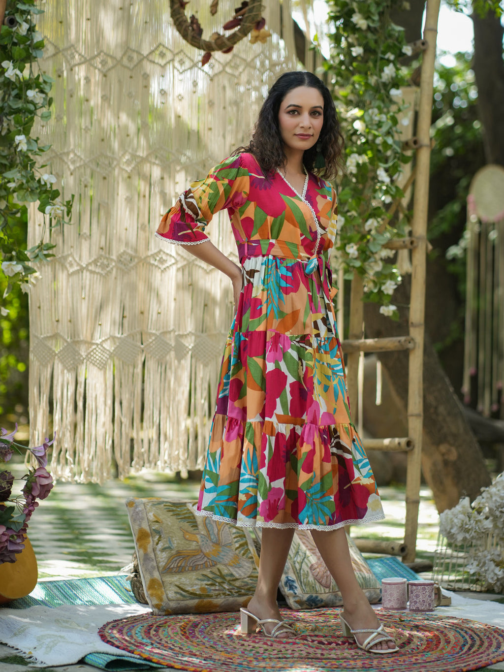 Women Multi Printed Pure Cotton Floral Puff Sleeves Dress