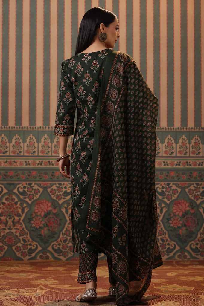 Women Green Ethnic Printed Pure Cotton Straight Kurta Set
